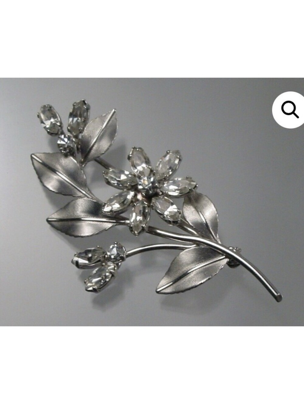 Krementz White Gold Plated Flowers Branch Clear Crystall Fine Pin Brooch Signed